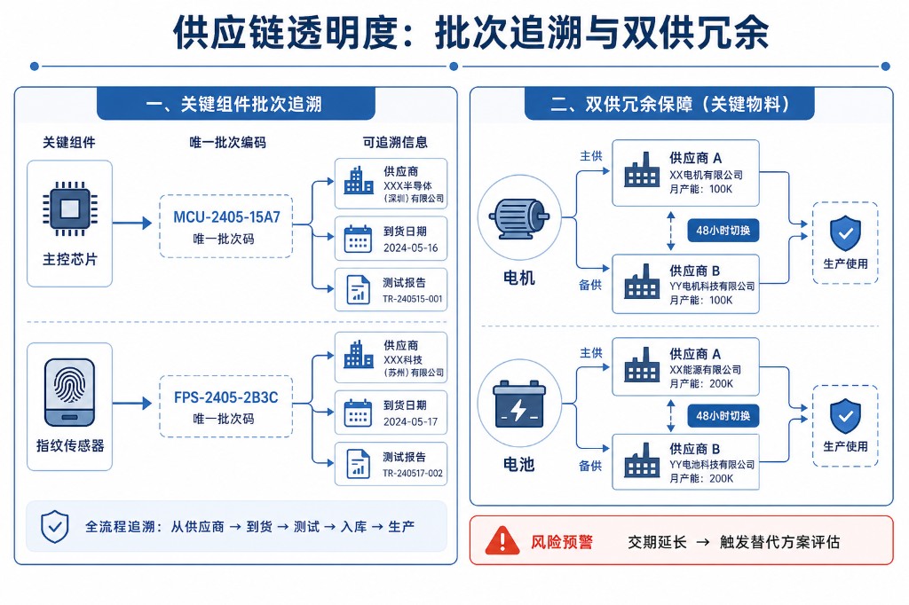 供应链透明度示意图——关键元器件批次追溯与电机电池双供冗余